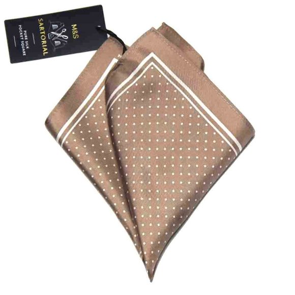 Marks & Spencer Sartorial Pocket Square Pure Silk Tan White Polka Dot Men's - Picture 1 of 2